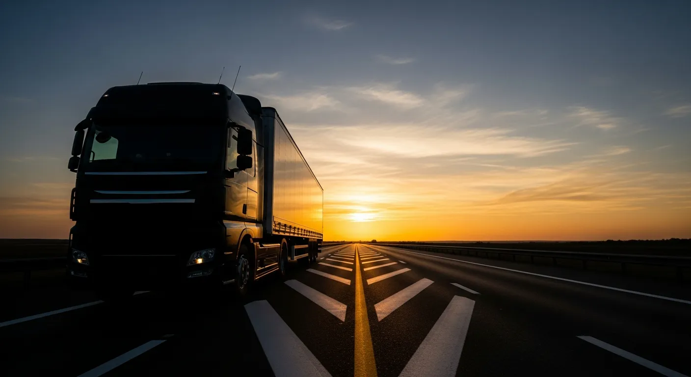 Modern semi-truck on an open highway at sunset